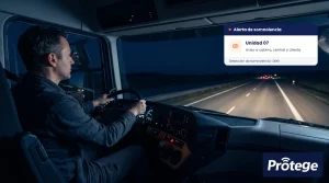 Conductor de camión atento al volante de noche con una alerta de somnolencia en pantalla