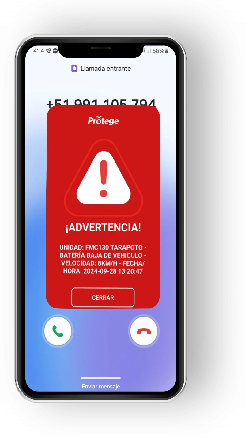 App móvil de Protege con alerta sonora de advertencia en la pantalla del celular