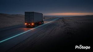 Camión de carga en una carretera costera del Perú al anochecer, con una línea de luz que sigue su ruta