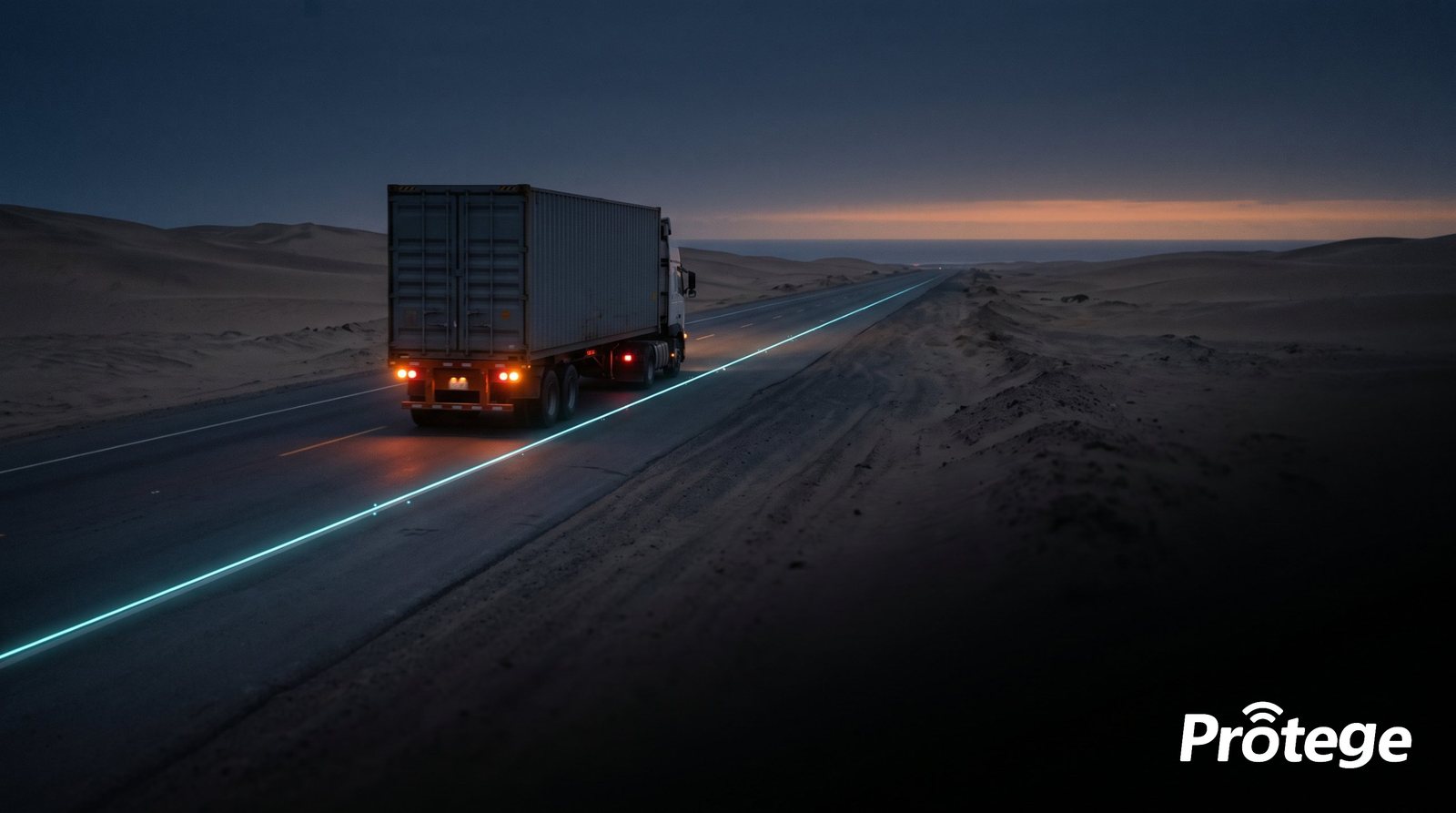 Camión de carga en una carretera costera del Perú al anochecer, con una línea de luz que sigue su ruta
