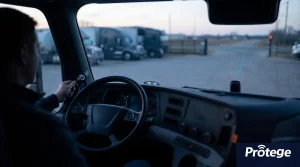 Mano de un conductor acercando su llave iButton al lector del panel de un camión estacionado al amanecer, antes de salir a ruta, con una línea de luz celeste del portón a la carretera