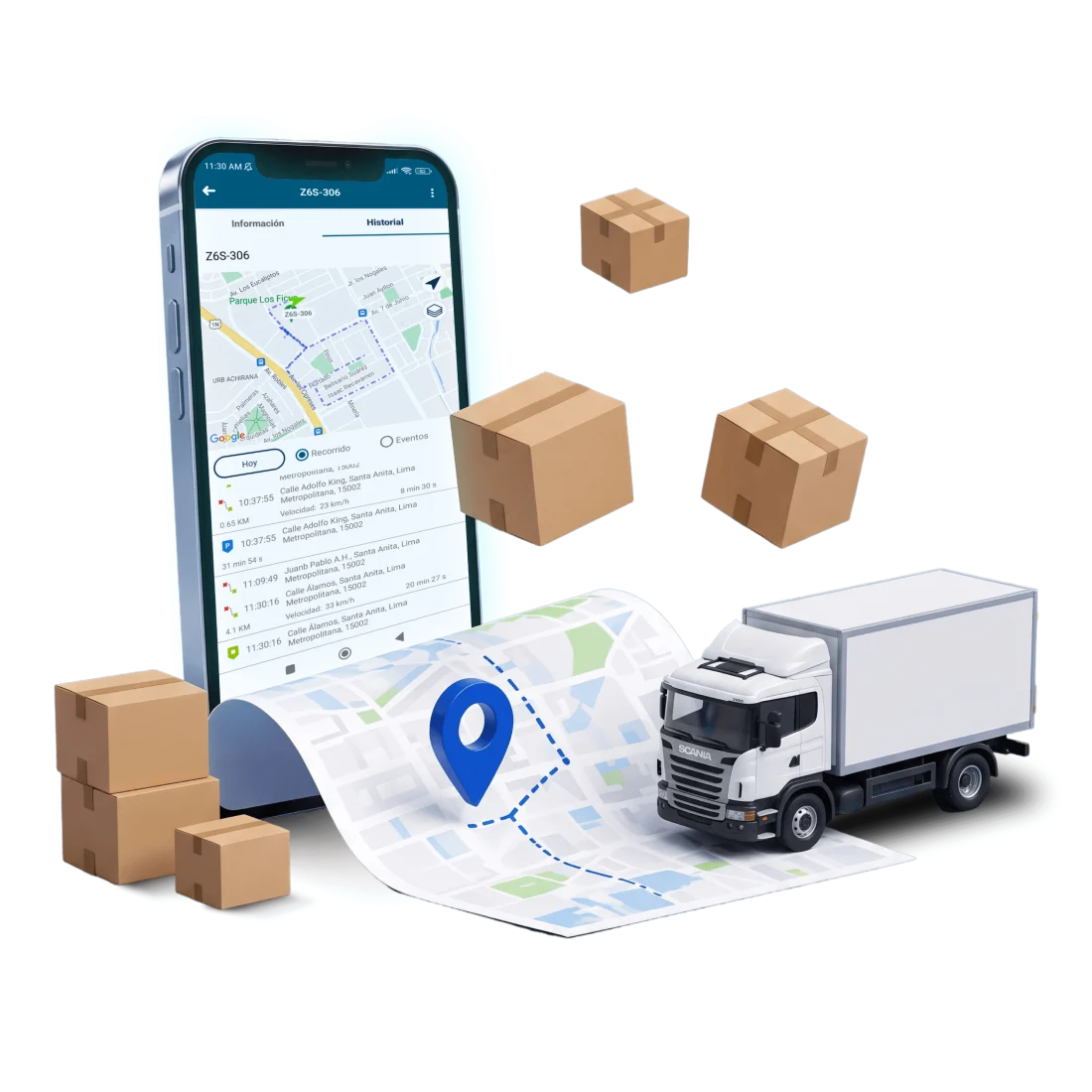 GPS para transporte de carga: camión, carga y app en el celular