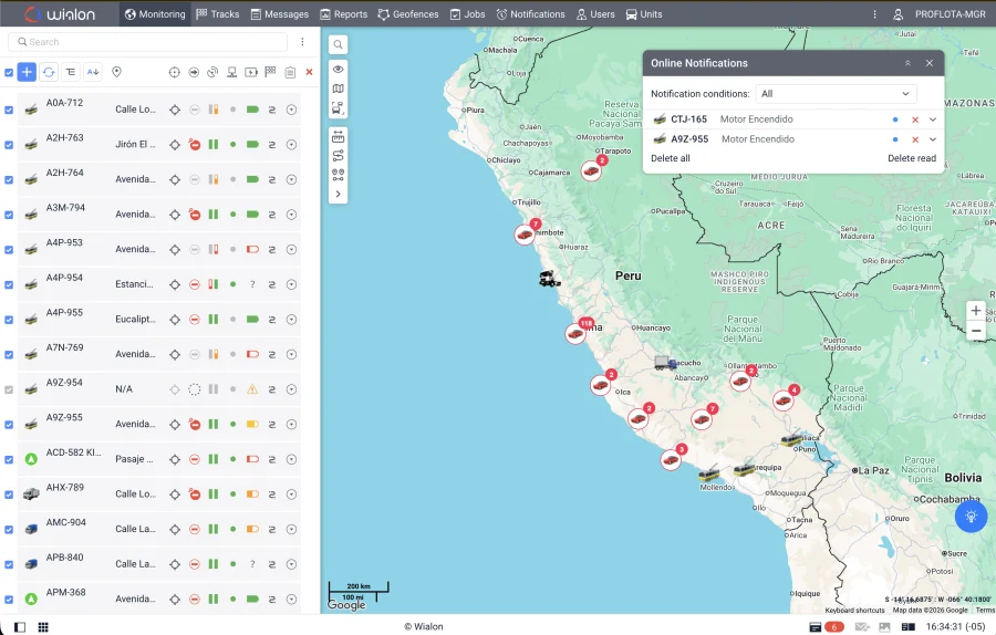 Mapa de la flota en la plataforma con notificaciones