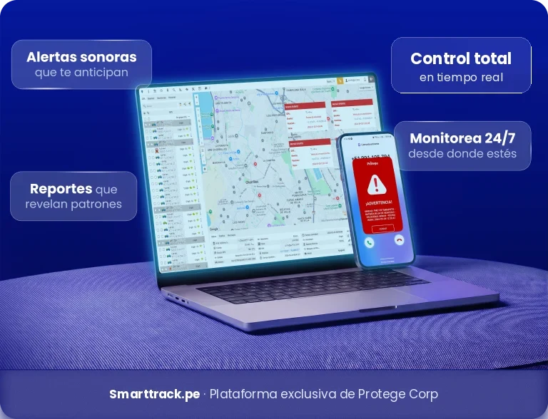 Plataforma Smarttrack de Protege Corp en laptop y celular