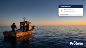 Embarcación pesquera artesanal en el mar al amanecer con dos pescadores a bordo